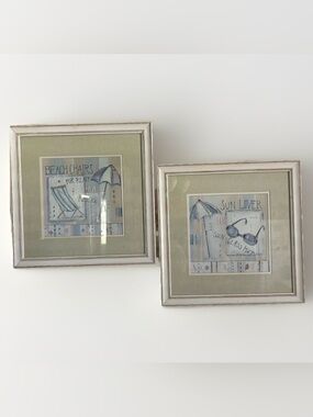 Beach Chairs, Sun Lover Chairs 16x16 Framed Matted Beach Scene Wall Pictures 80s